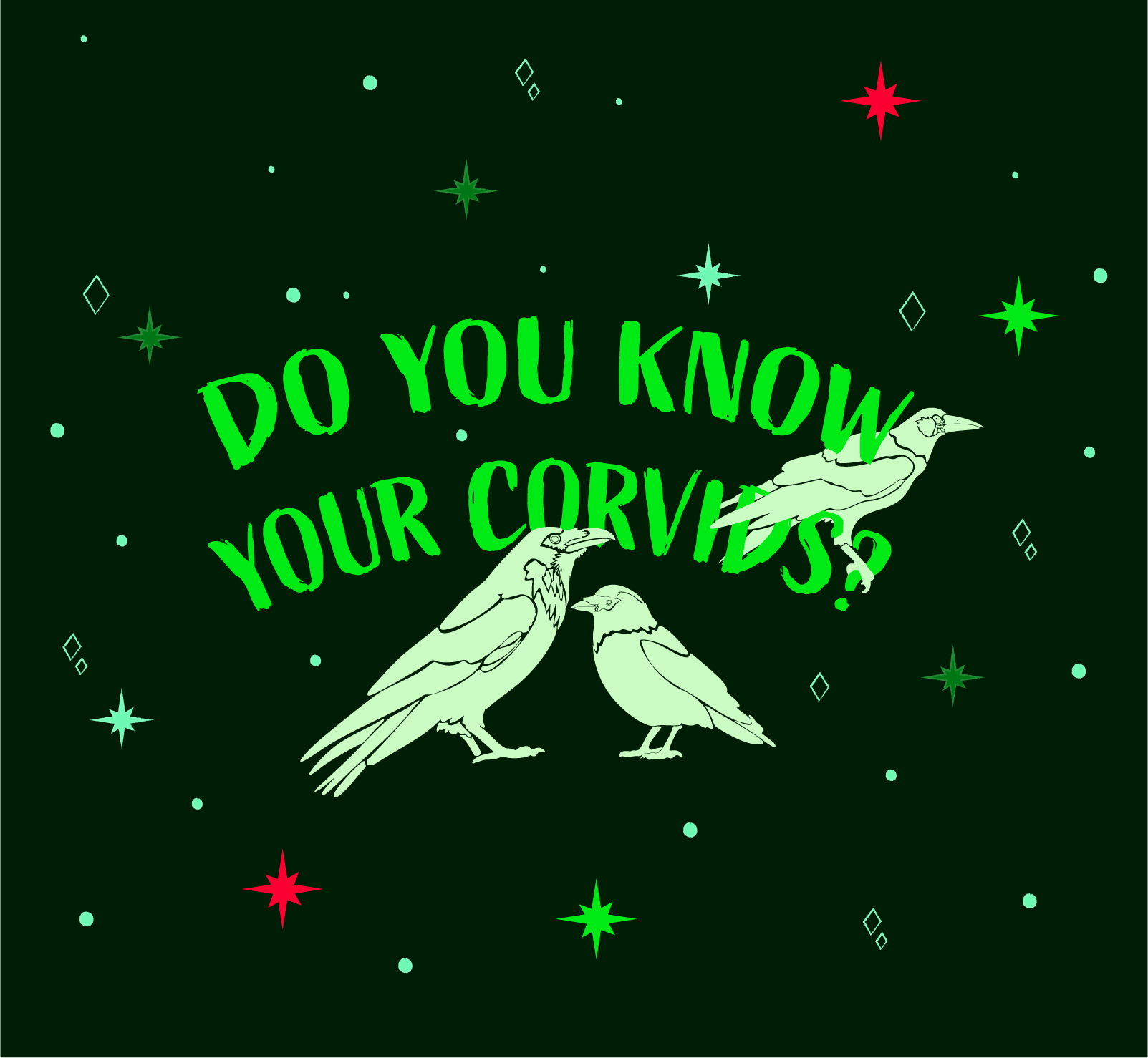 Do you know your corvids? Quiz banner in neon greens with stamps of rook, raven and jackdaw on dark background.