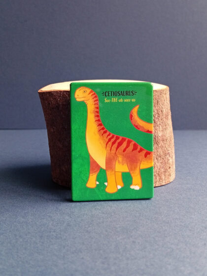 Rectangular illustrated Cetiosaurus sauropod dinosaur magnet made from recycled plastic.