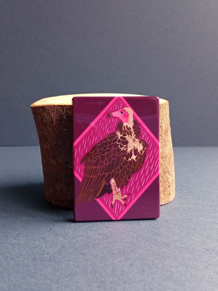 Rectangular illustrated hooded vulture magnet made from recycled plastic.