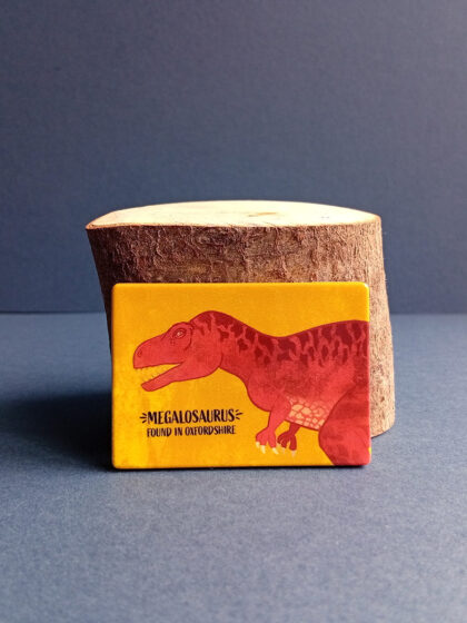 Rectangular illustrated megalosaurus dinosaur magnet made from recycled plastic.