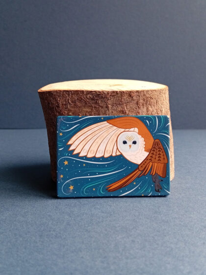Rectangular illustrated Barn Owl magnet made from recycled plastic.