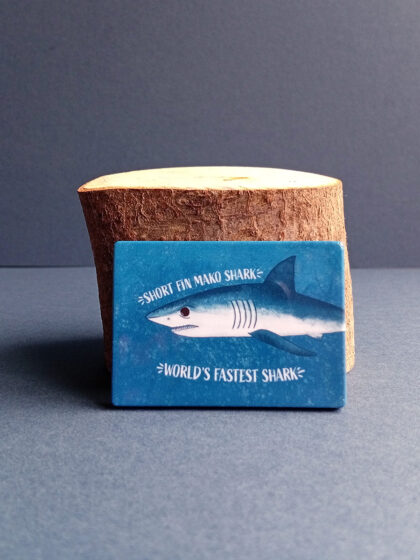 Rectangular illustrated short fin mako shark magnet made from recycled plastic.