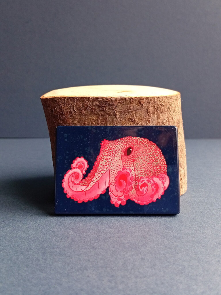 Rectangular illustrated deep sea warty octopus magnet made from recycled plastic.
