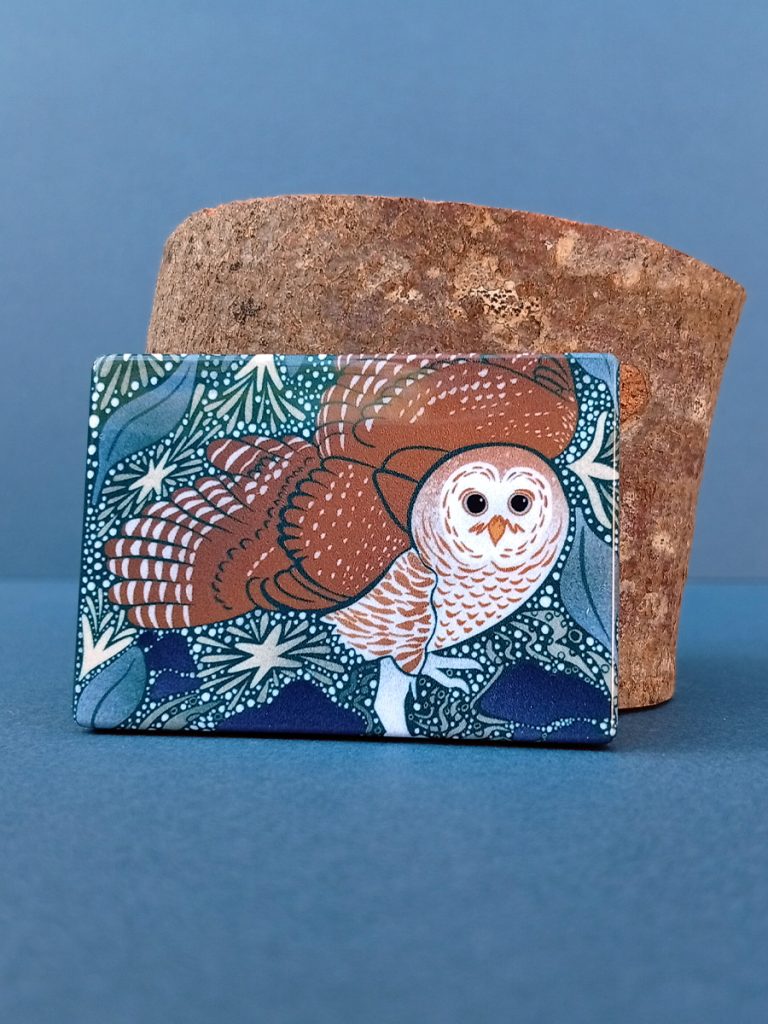 Rectangular magnet with barred owl artwork from frost keepers collection.