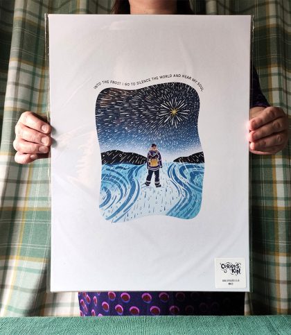 A3 art of a woman explorer standing in a snowstorm looking up a bright large star with original quote.