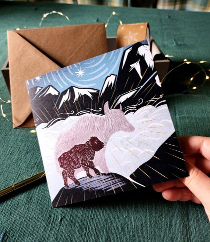 Square card with little yak in the himalayas discovering their business.