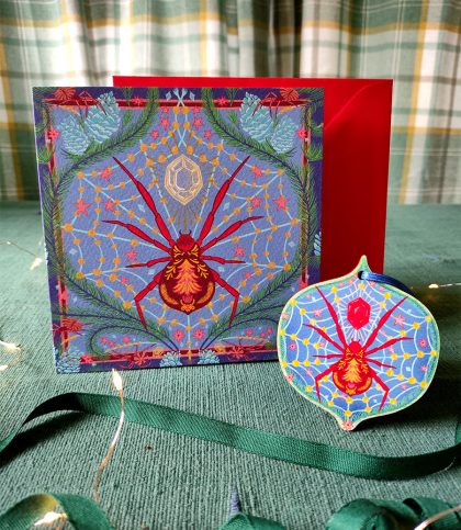 Christmas Spider card, red envelope and matching wood decoration