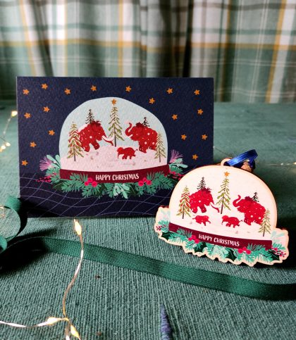 Mammoth family snow globe Christmas card and matching tree decoration