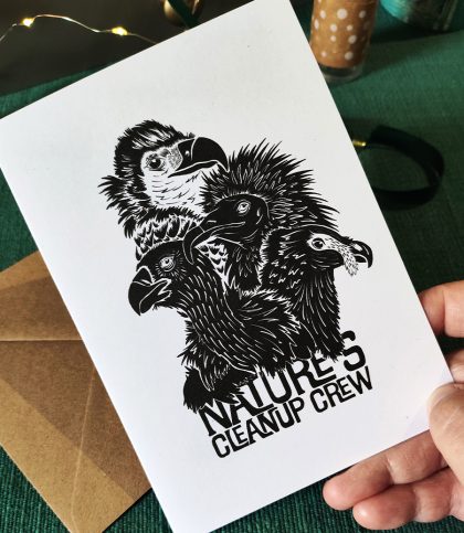 Card with portrait illustrations of 4 European vulture species and the words Nature's cleanup crew.