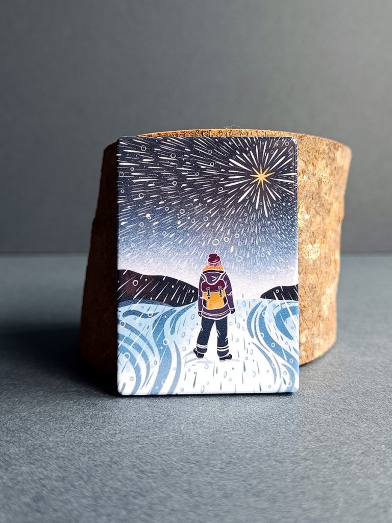 Female explorer walking in snow storm magnet