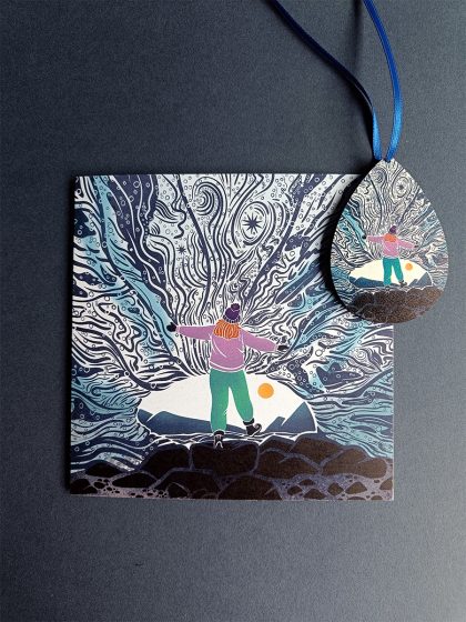 Female explorer in ice cave card and pear shaped wooden dec of same art bundle.