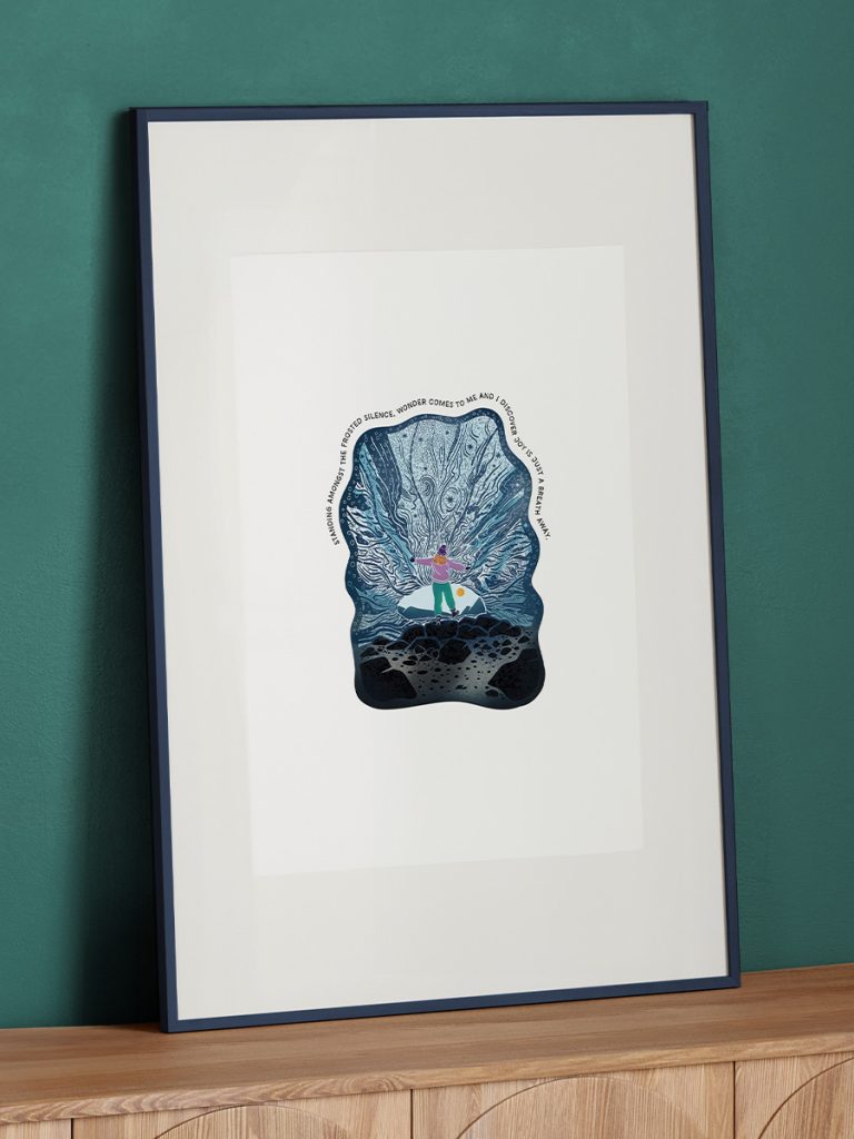 A3 framed print of a Woman explorer standing in an ice cave balancing on one leg with original quote.