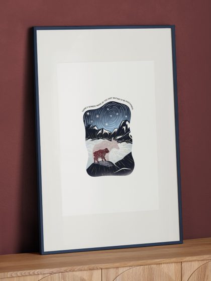 A3 framed art of little mountain yak discovering their inner strength and gifts on top of a himalyan mountain and cloud scape with starlight and original words.