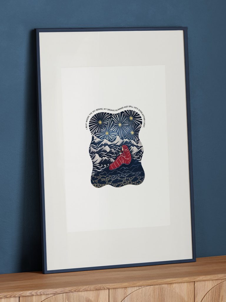 Framed A3 print of a woman explorer in a sleeping bag on mountain top with starlight and original quote.