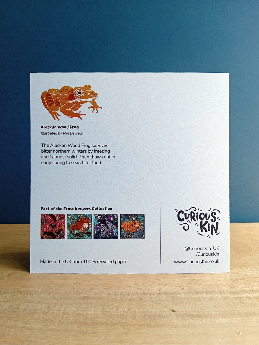 Back of square Alaskan wood frog card shows frog, fun fact and collection artwork.