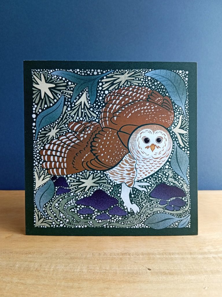 Square barred owl linocut inspired illustrated card with stars and frost surrounding the owl.