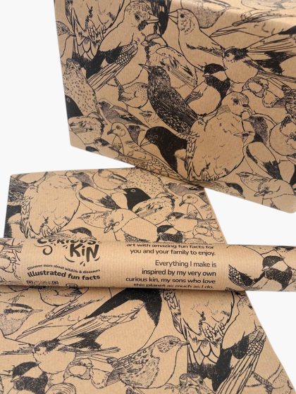 gift wrapped and 3 meter roll of hand drawn illustrated British birds recycled wrapping paper