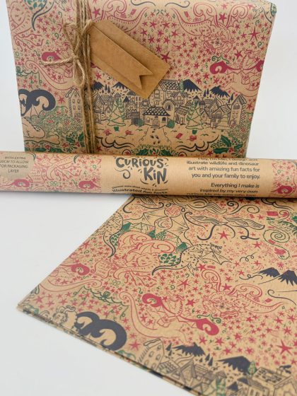 Best Guardian 2024 eco wrapping paper with Christmas dragon hand drawn pattern. As sheet, gift wrapped and roll.