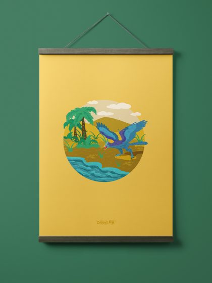 Yellow a4 print with illustration of a blue archeopteryx dinosaur on sandy beach with palm trees.