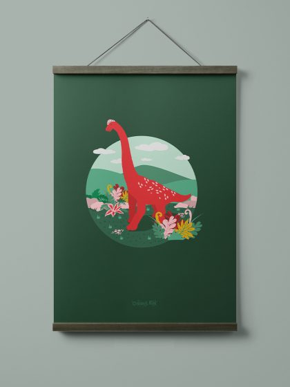 Bright and bold illustration of a red brachiosaurus on an evergreen background hung on magnetic hanger.