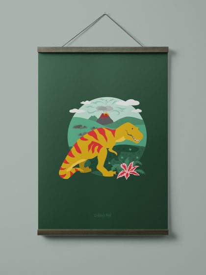 Bold and Bright illustration of a yellow t-rex with red stripes standing in front of an erupting volcano on an evergreen background.