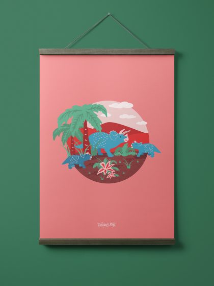 Bright and bold illustration of a blue triceratops family under a palm tree and surrounded by prehistoric plants on a soft pink background.