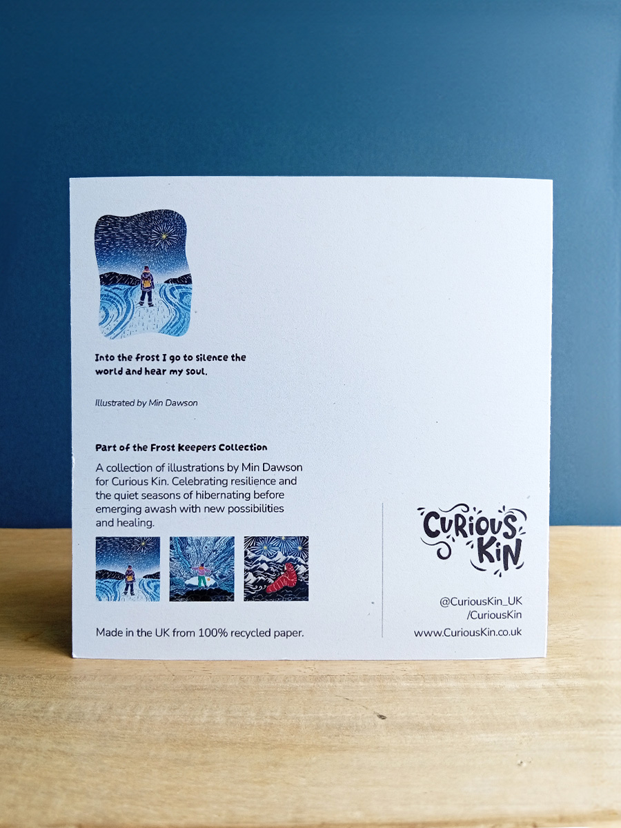 Back of card for the snow-walking female explorer. Shows original artwork, quote and collection.