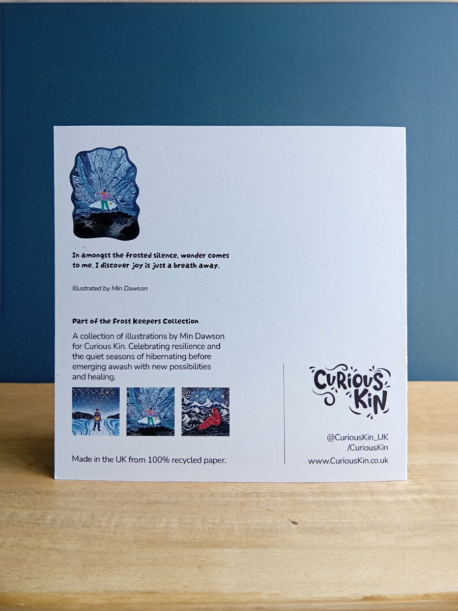 Back of card for the glacier female explorer. Shows original artwork, quote and collection.