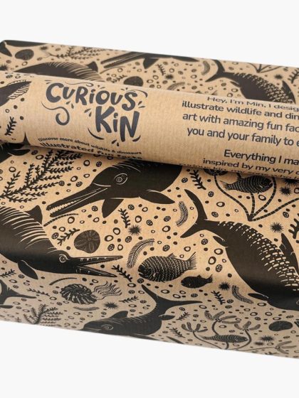 gift wrapped and 3 meter roll of icthyosaur hand drawn recycled wrapping paper