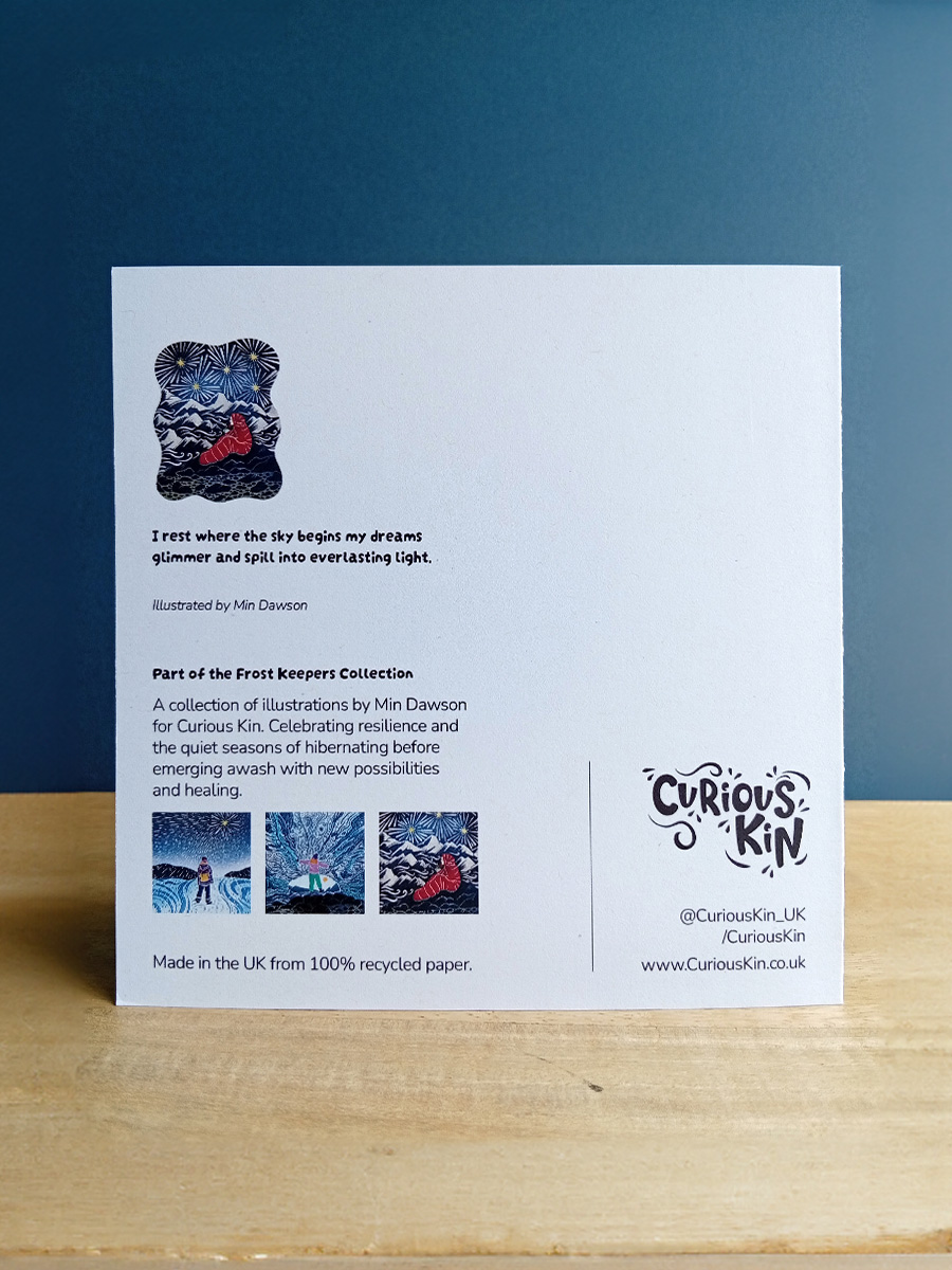 Back of card for the mountain female explorer. Shows original artwork, quote and collection.