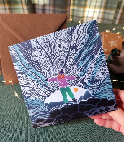 Square card with ice wonder illustration of a Female explorer standing in an ice cave open armed.
